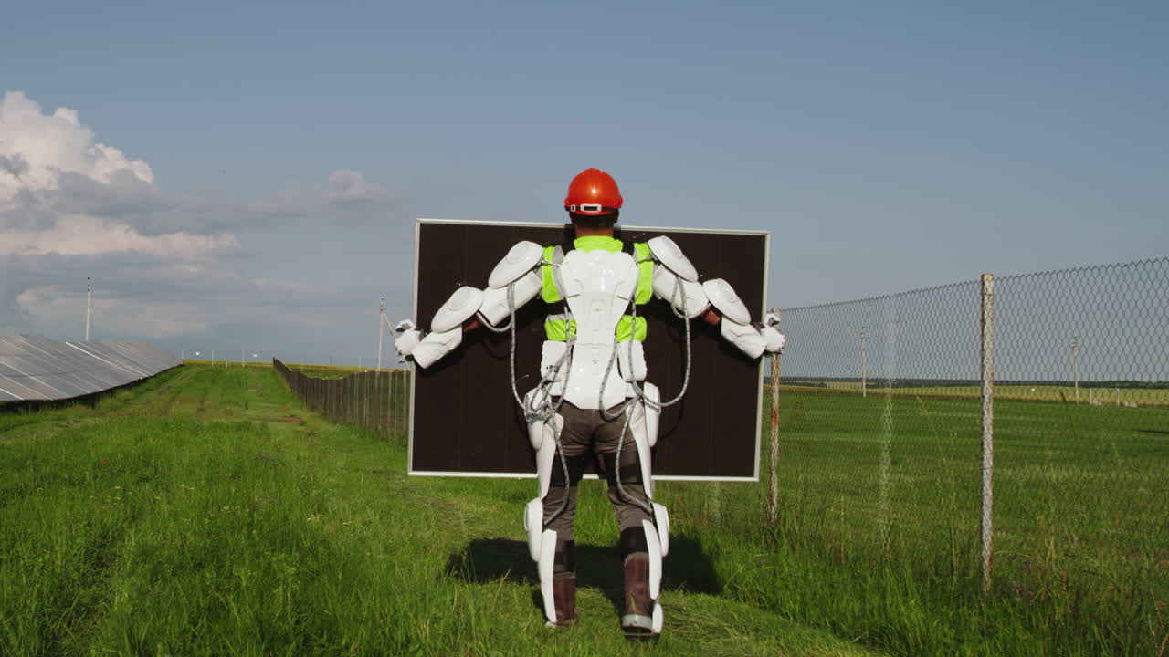 Worker in Robot Suit Carrying Solar Panel at a Solar Farm