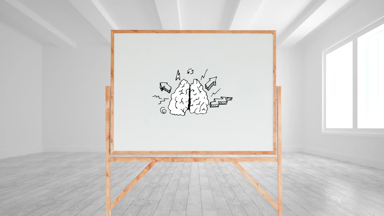 화이트 보드 에 있는 뇌 와 다른 화살표 의 그림