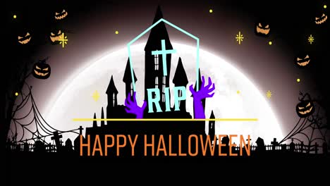 digital animation of happy halloween text banner and rip text over tombstone against castle