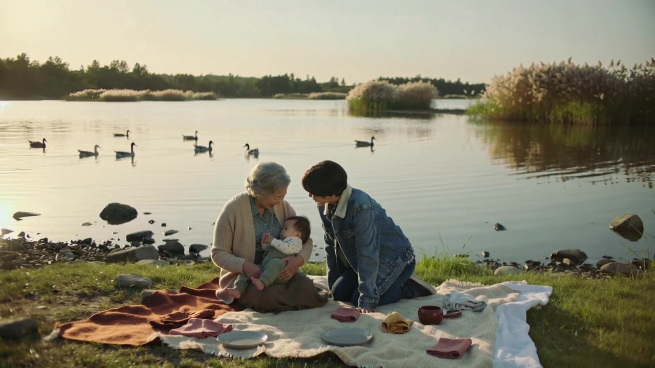 Camera pulling back, nan cradling infant while denim-clad dad leaning soothing shore picnic geese