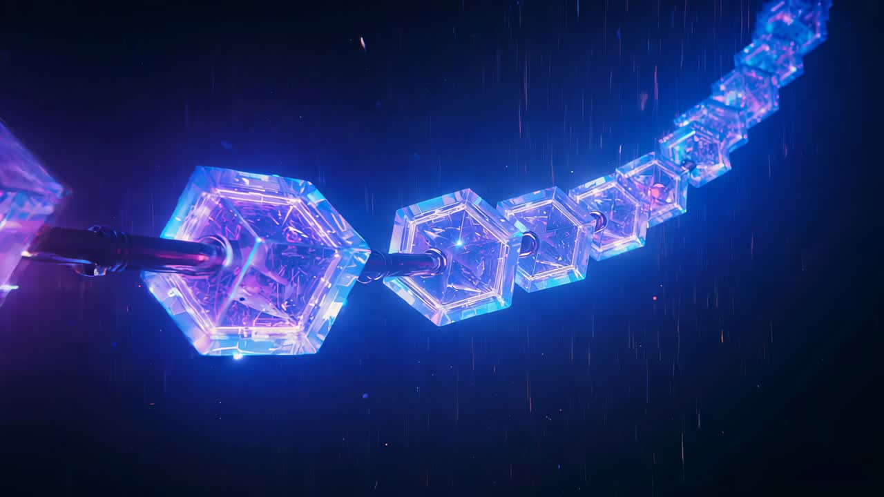 Beginning with hexagonal modules drifting toward viewer on metallic rod in void revealing facets