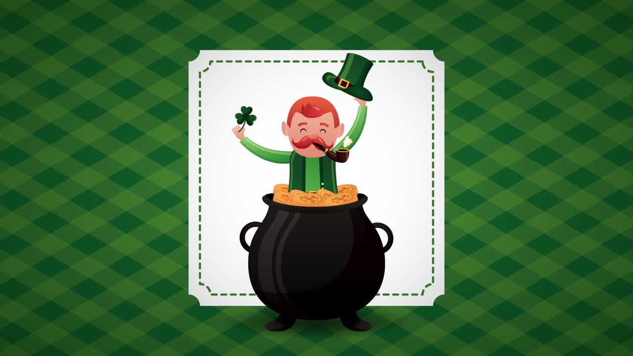 Animert St. Patrick's Day-kort med alv og gryte.