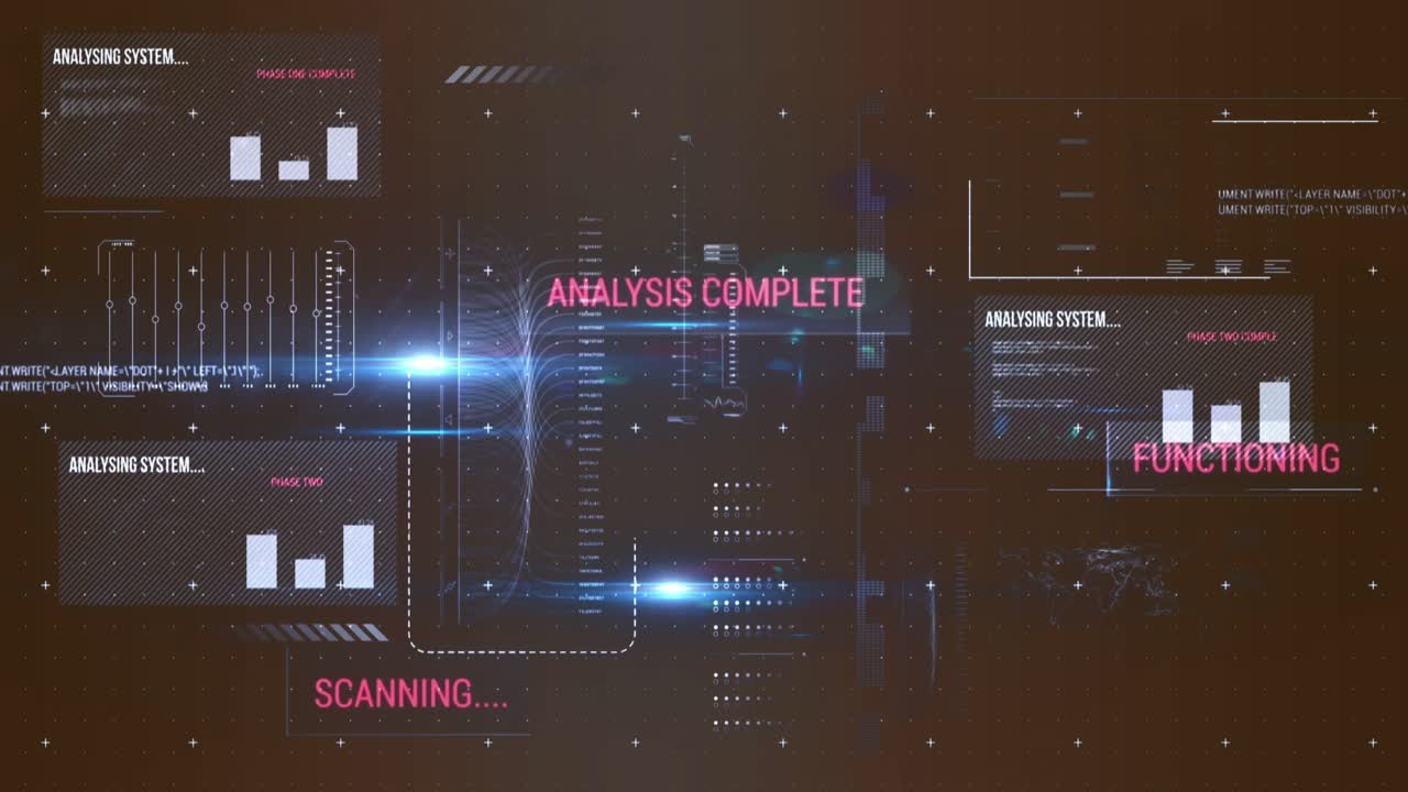 Animation of interface with data processing and blue light spot against grey background