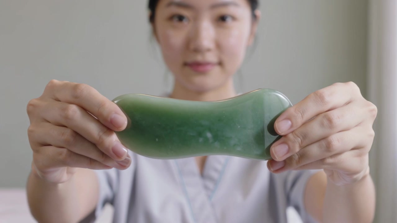 Un presentatore, con il braccio esteso e indossando una casacca medica, avvicina una pietra gua sha verde per un primo piano in clinica.