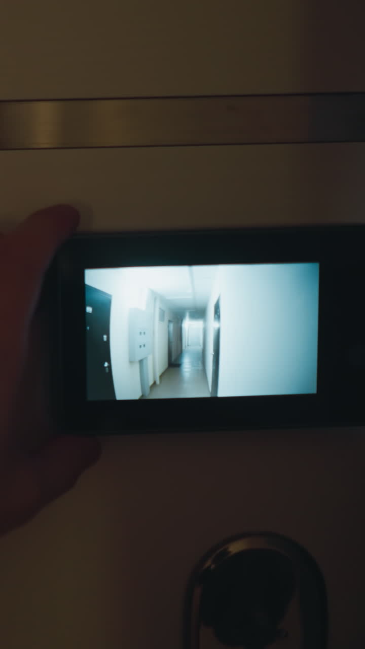 pov de una persona que utiliza un monitor de agujero de mirada digital para comprobar el pasillo fuera de su puerta para mejorar la seguridad del hogar