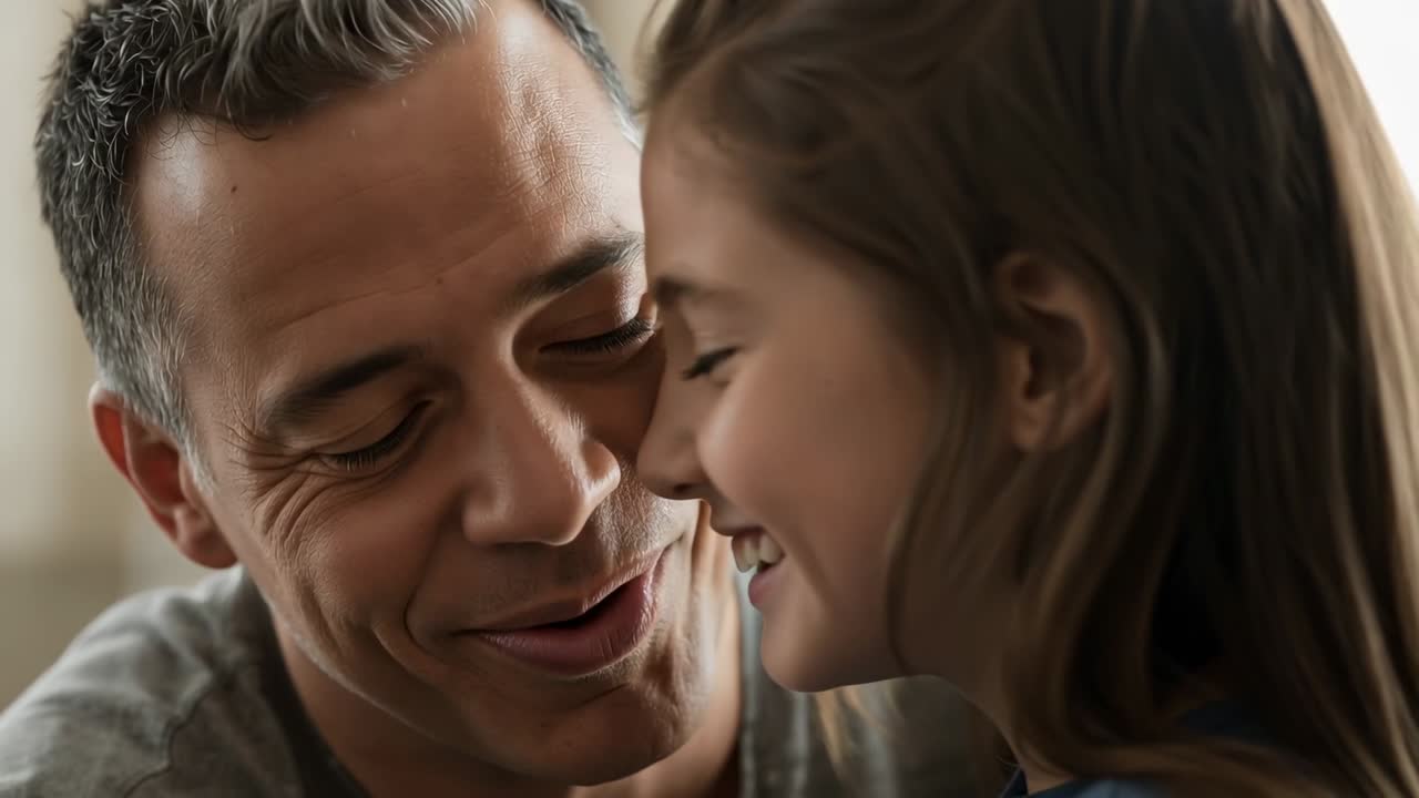 Smiling father and daughter leaning after shared smile, pressing cheeks at home, gray tee blue top