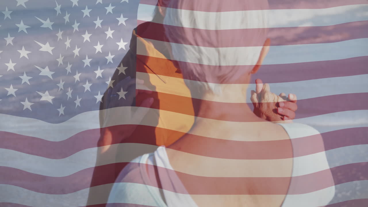 Embracing, two people with American flag overlay, creating sense of unity animation