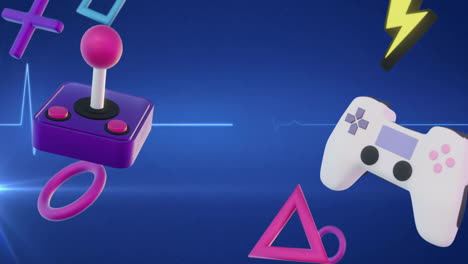 animation of game controllers, icons and interface devices over heart beat on blue background