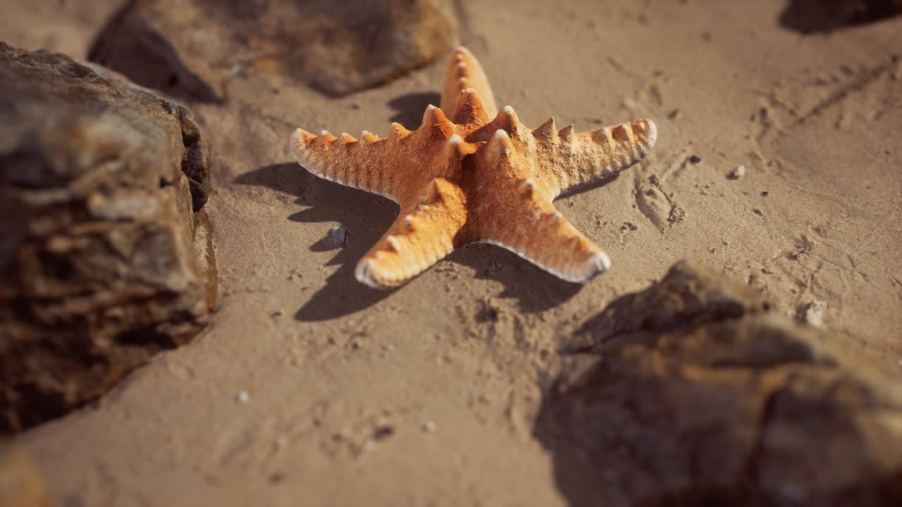 Starfish on sandy beach at sunset