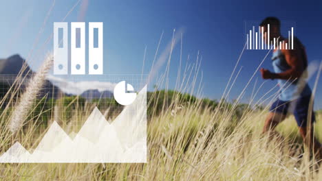 male runner running across dry grass field, with animated business binder icons infographic charts