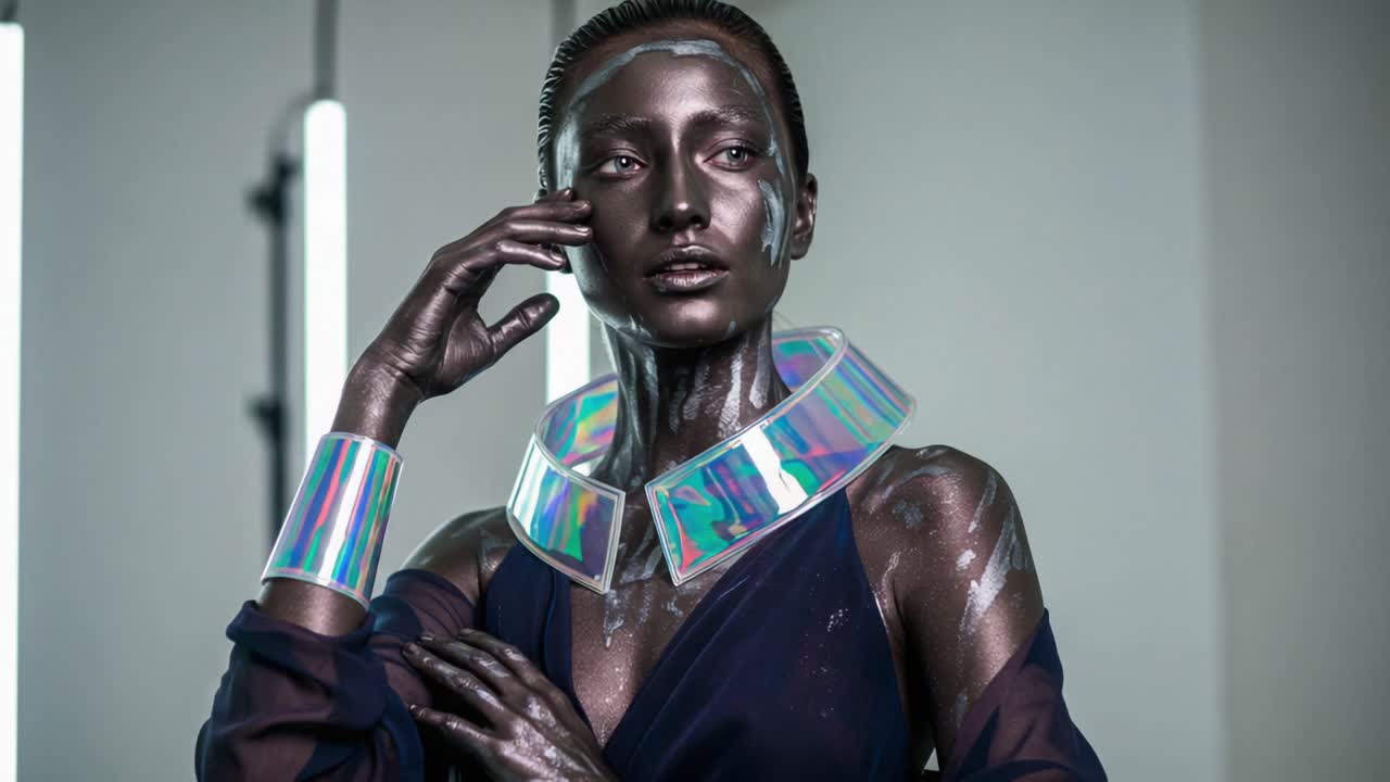 A striking model poses dramatically in a futuristic setting featuring iridescent jewelry and metallic body art, creating an impression of elegance and modernity