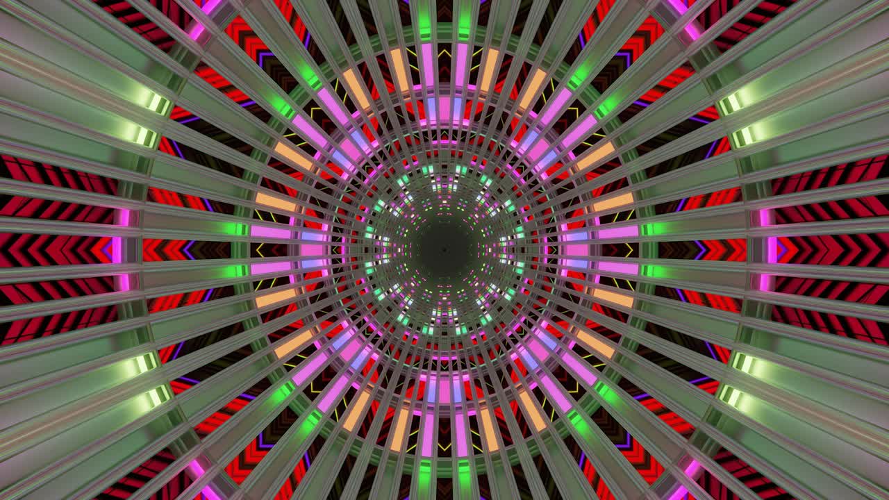 A vivid display of colorful patterns and shapes creates a seamless looping visual experience ideal for a screensaver. The design features a mesmerizing arrangement of lights and lines