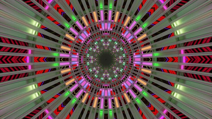 A vivid display of colorful patterns and shapes creates a seamless looping visual experience ideal for a screensaver. The design features a mesmerizing arrangement of lights and lines