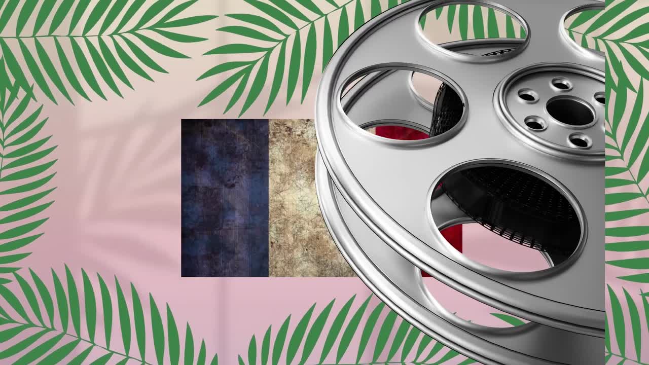 프랑스의  ⁇ 발과  ⁇  배경의 잎 위에 있는 필름 테이프의 애니메이션