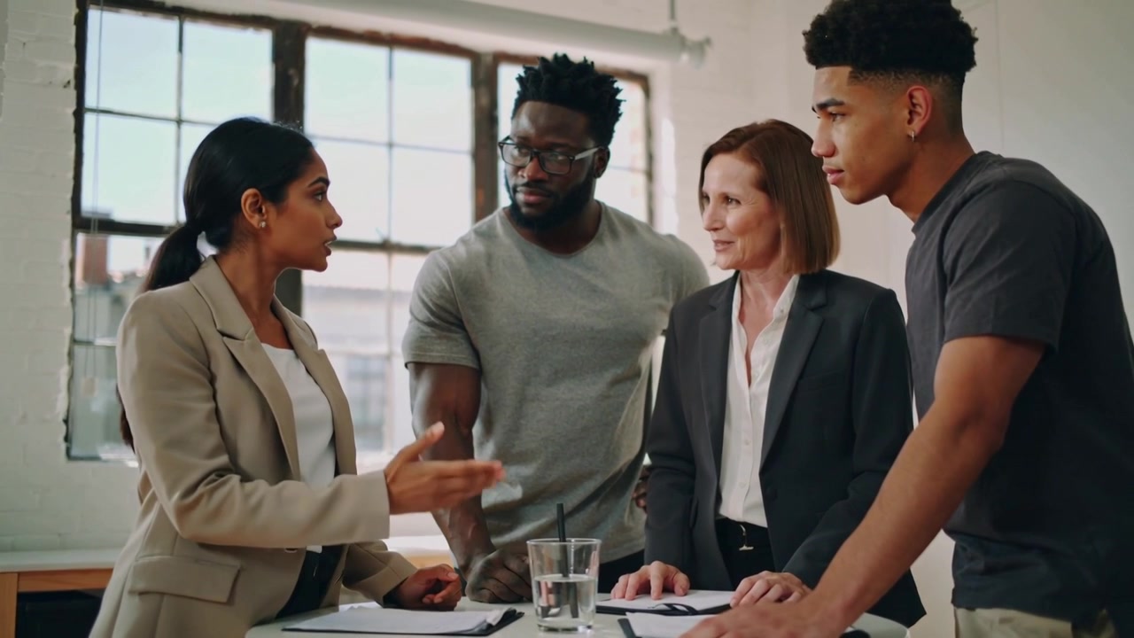 Pointing presenter in beige blazer leading team project talk at sunlit loft, round table with glass