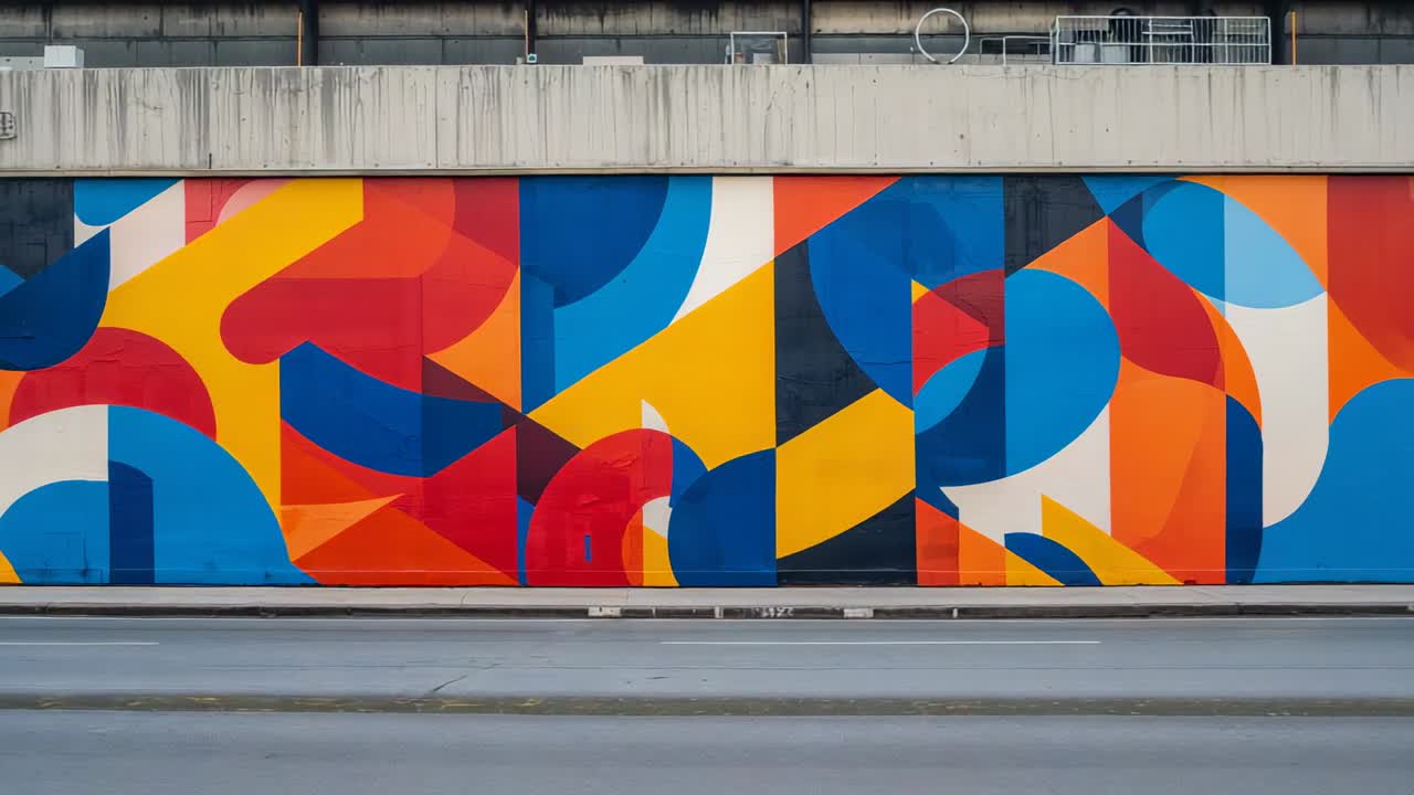 Camera capturing abstract geometric mural on concrete barrier under overpass, with asphalt roadway