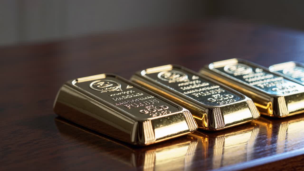 Lingotti d'oro lucidi allineati su un tavolo di legno.