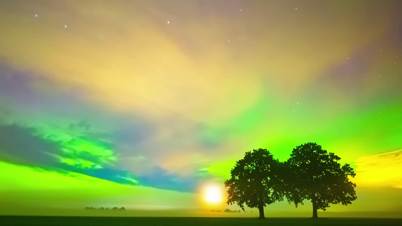 Timelapse of vibrant night sky due to mystical aurora borealis over two trees