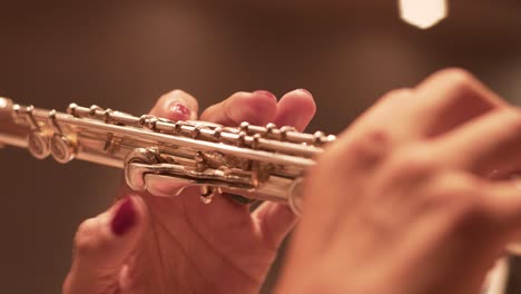 closeup of a woman's hands playing a western concert flute