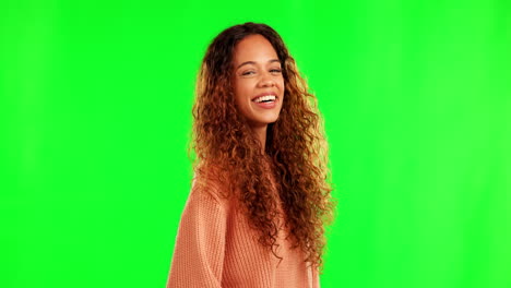 Happy,-portrait-and-a-woman-laughing-on-green