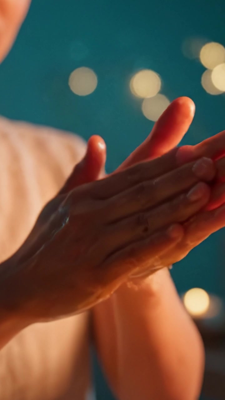 A Person Gently Rubbing Their Hands Together, Creating a Sensory Experience with Liquid, All Against a Softly Lit Background Full of Glowing Lights.