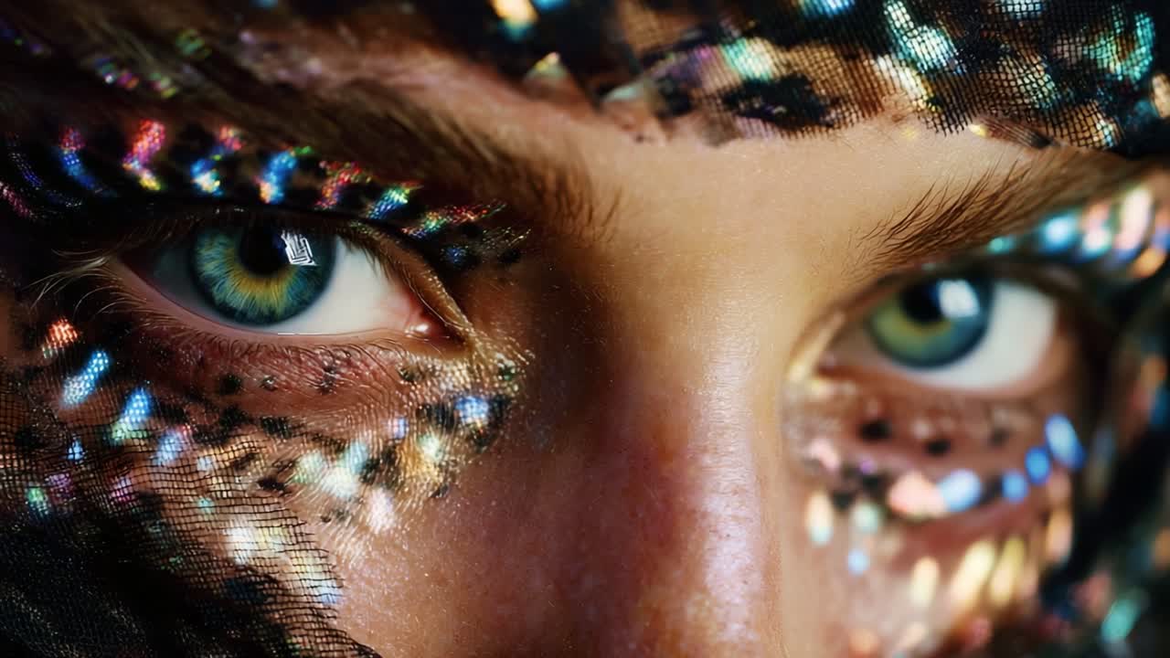 A close-up portrait featuring mesmerizing eyes adorned with striking patterns of light and color, emphasizing the intricate details of the subject’s captivating gaze and facial textures