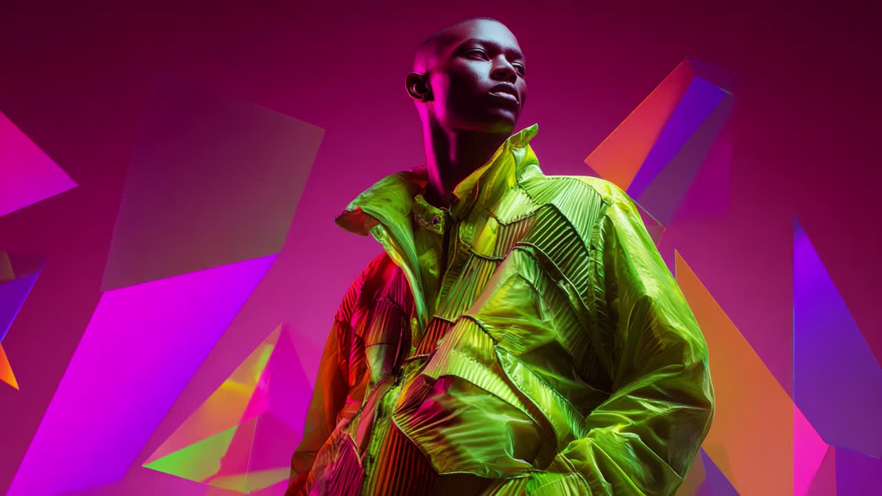 Vibrant Fashion Showcase Featuring a Model in a Neon Green Jacket Against a Colorful Abstract Background, Highlighting Contemporary Urban Style and Dynamic Color Play in Artistic Photography