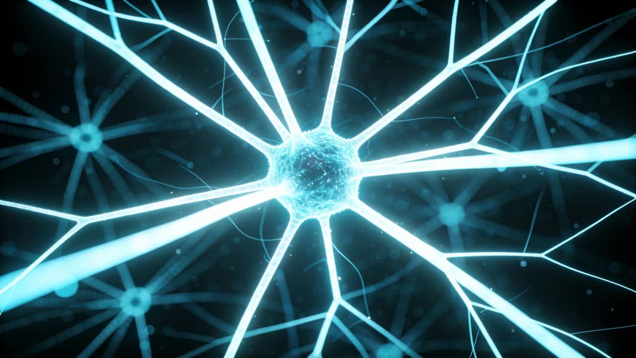 Central soma showing pink core sparking pulsing activation sending signals along branch for science