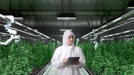 asian marijuana researcher using tablet and looking around while standing in the marijuana greenhouse with smart robotic farmers