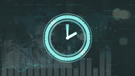 animation of neon ticking clock and statistical data processing against tired caucasian man