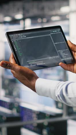 vertical video close up of data center programmer looking at code debugging tools on tablet