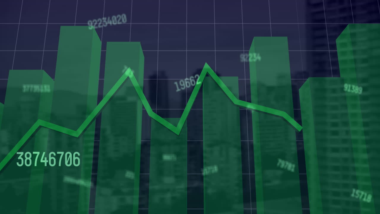 animación de números cambiantes y procesamiento de datos estadísticos frente a una vista aérea del paisaje urbano