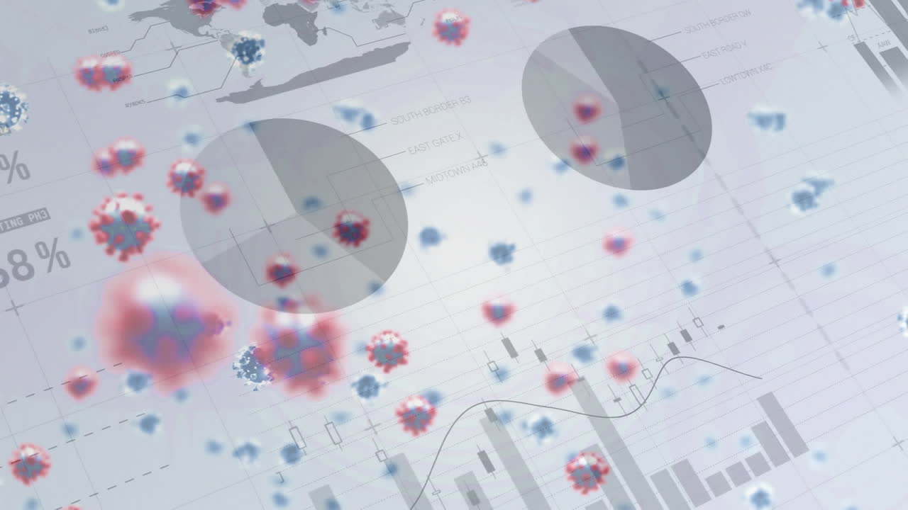 animación de células de macro coronavirus covid-19 flotando sobre gráficos y estadísticas