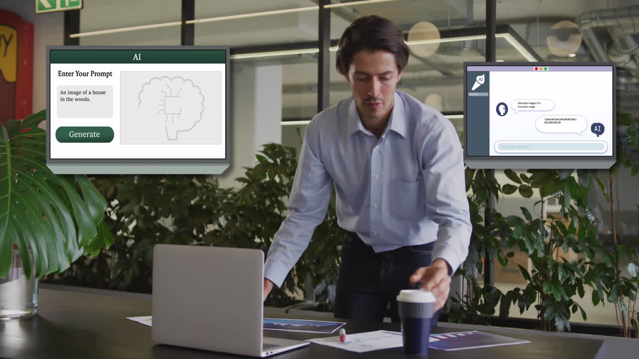animación de un texto y procesamiento de datos sobre pantalla y empresario caucásico