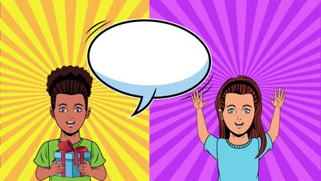 niñas interraciales con caja de regalos presente estilo pop art