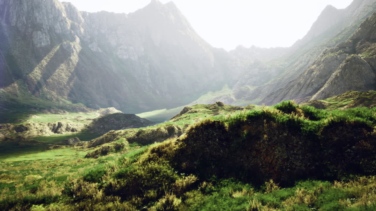 Majestic mountain landscape with lush greenery and rocky terrain in daylight