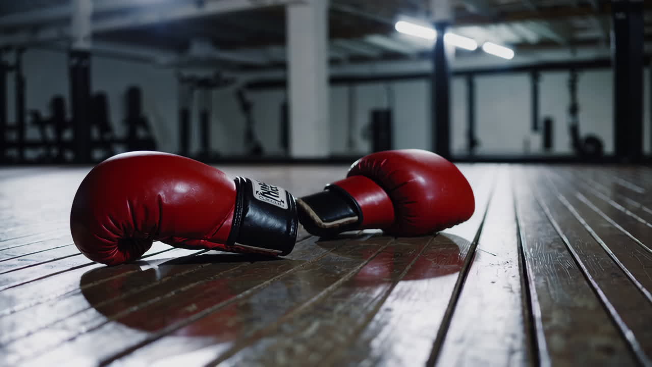 Boxing Gloves on Wooden Gym Floor