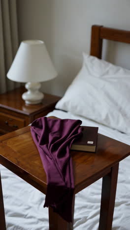 purple fabric and book on nightstand