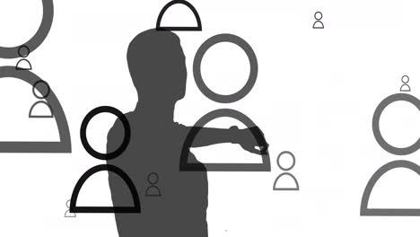 animation of silhouette of businessman with people icons on white background