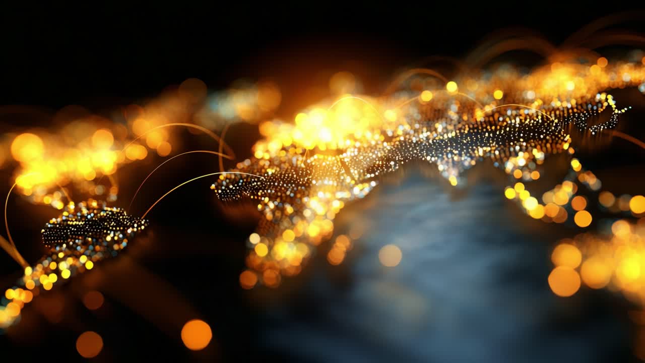A Stunning Visualization of a Digital World Map Displaying Intricate Network Connections with Bright Golden Lights and Glowing Dots Against a Dark Background