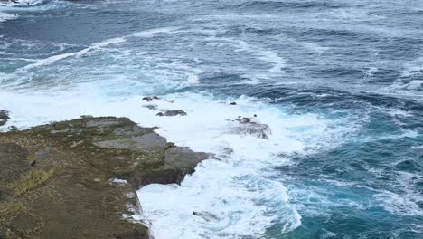 Drone-capture-the-swell-of-Cantabrian-sea-hitting-the-shore-of-the-island-of-Isla,-Cantabria-from-high-altitude