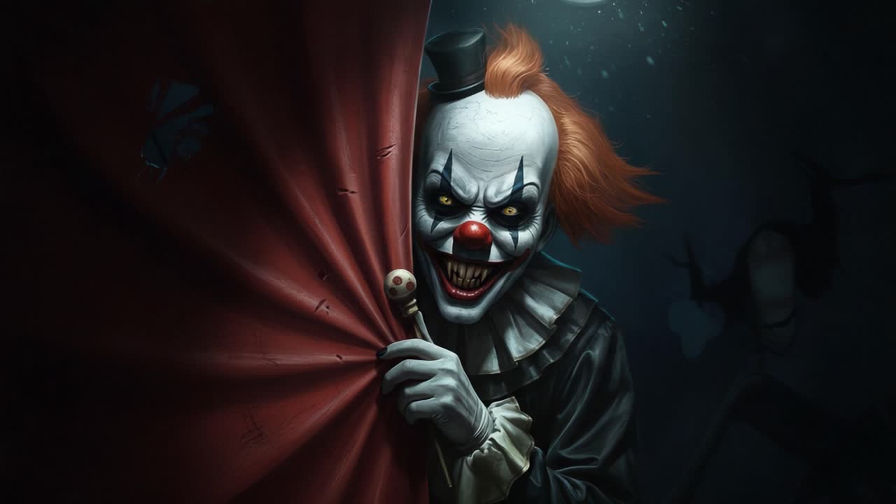 A Terrifying Clown Emerges from the Shadows, Grinning with Malicious Intent, Ready to Unleash Chaos and Fear in the Eerie, Dark Setting Surrounding It