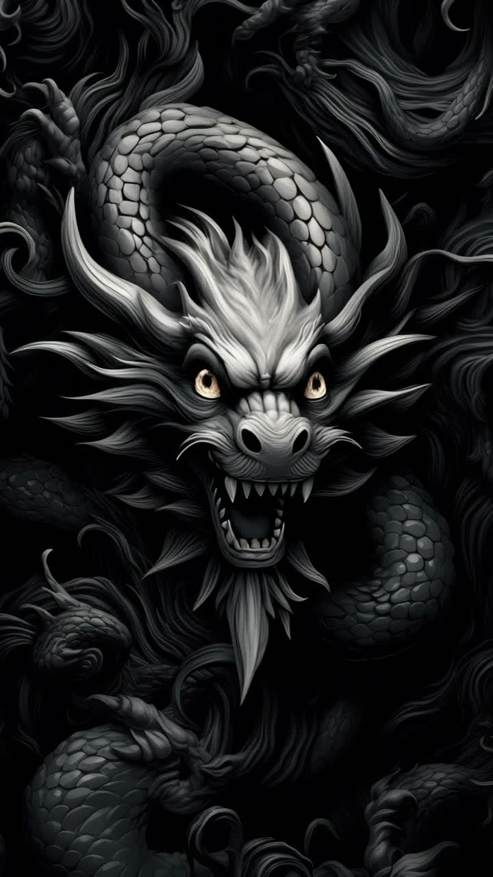 Dynamic low-angle view of a fierce dragon in monochrome, swirling in darkness
