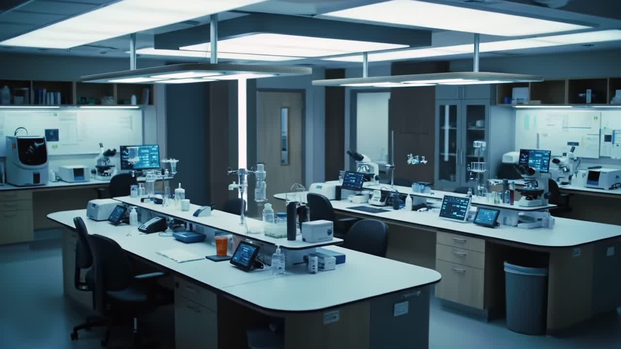 Empty, High-Tech Laboratory Featuring Multiple Workstations, Monitors, and Medical Instruments in a Modern Research Environment