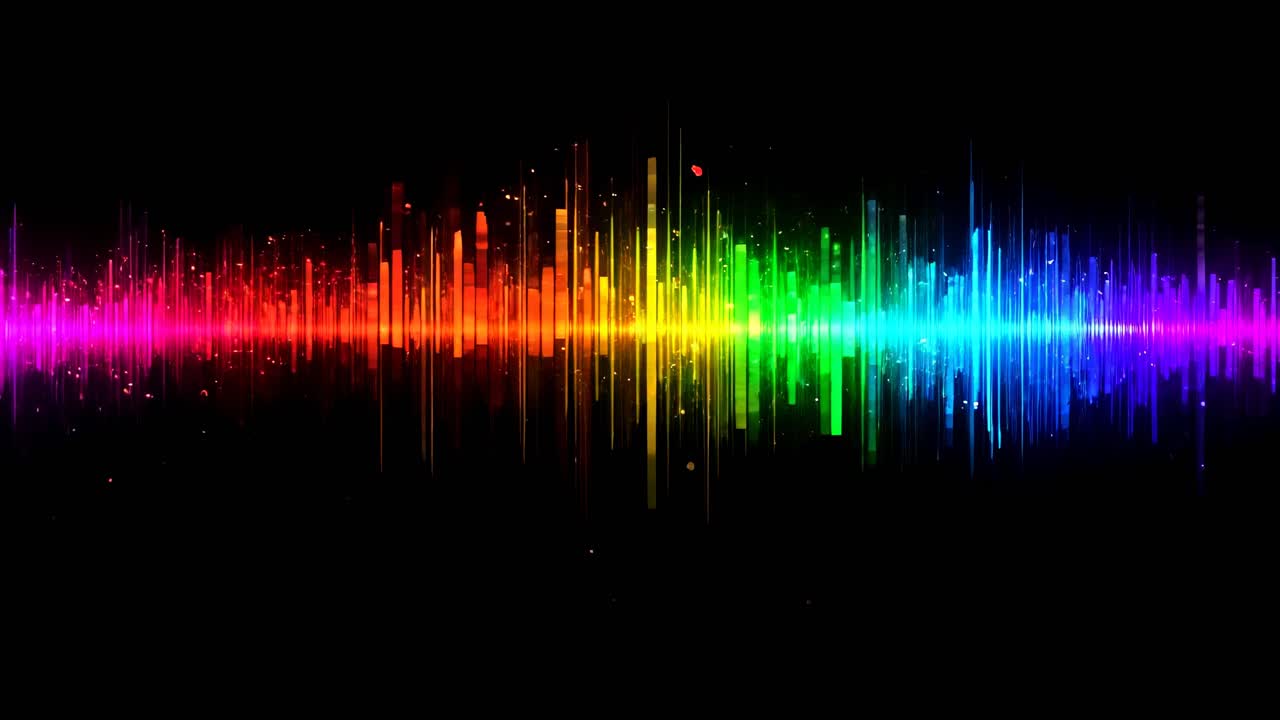 Vibrant audio waveform in rainbow colors on a black background, captured from a frontal angle