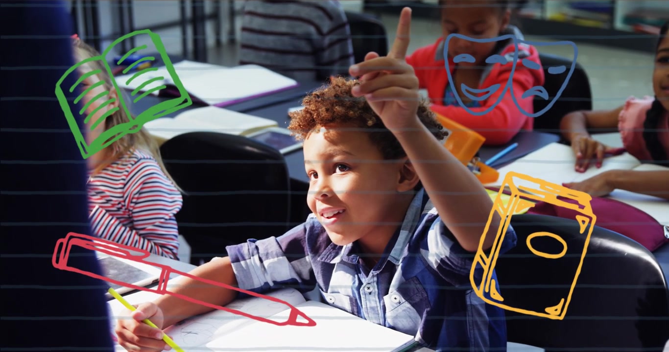 Animation of school icons over diverse schoolchildren