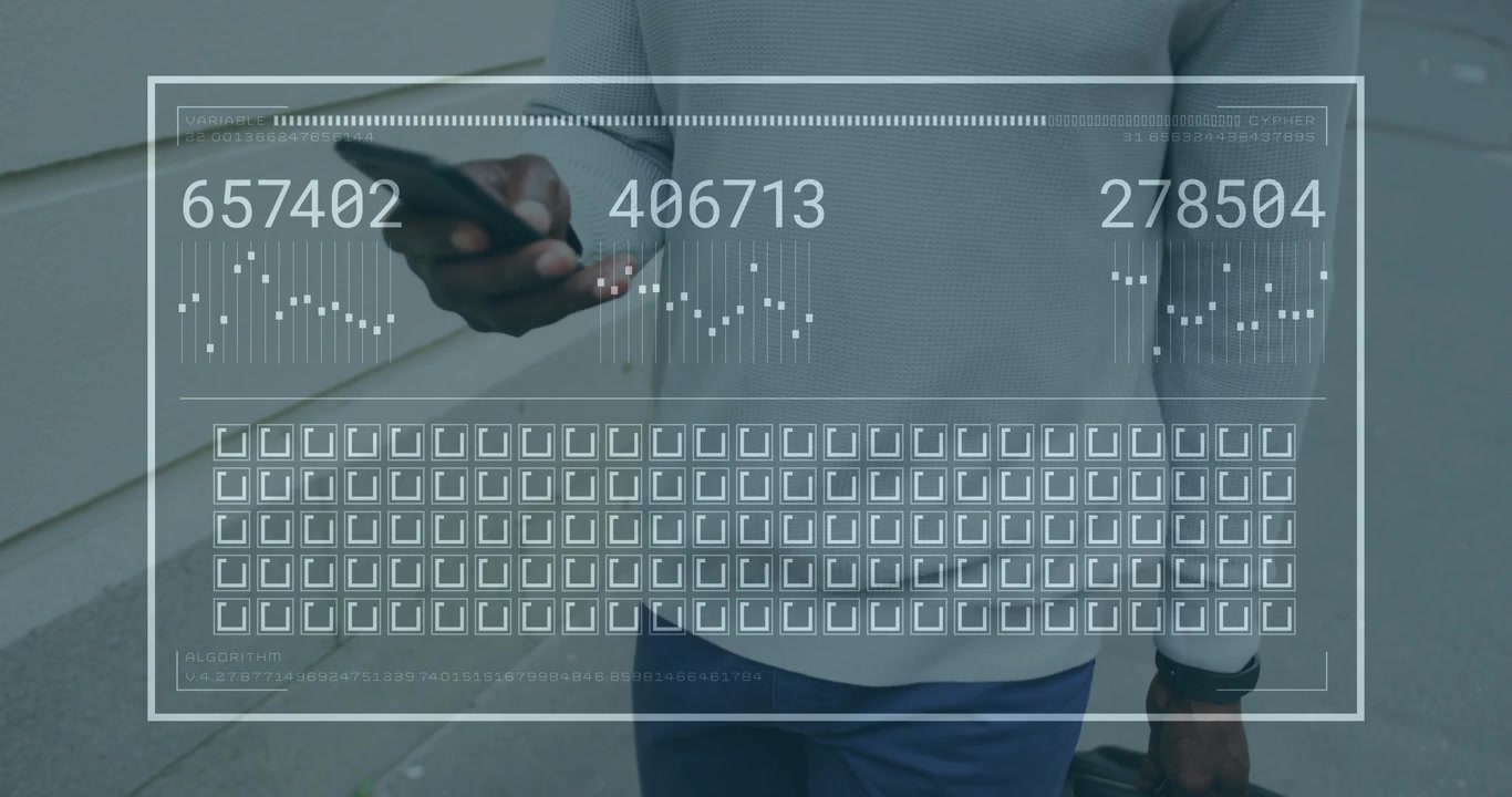 Mature man walking by wall, tapping phone and pulling up HUD updating numbers for data monitoring