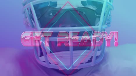 Animation-of-get-ready-text-and-neon-shapes-over-american-football-player-on-neon-background