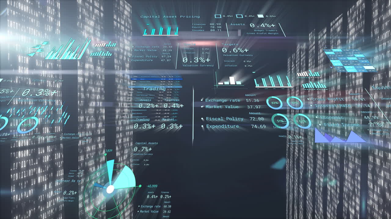Animation of digital data and graphs floating over futuristic glowing cityscape
