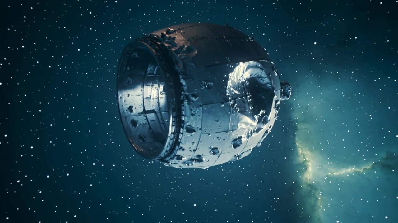 Revealing camera showing damaged reentry capsule tumbling in space near nebula, drones inspecting